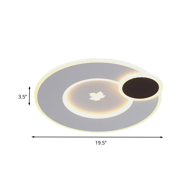 Modern Round Led Ceiling Light With Maple Leaf Pattern - 16/19.5 Wide White Flushmount For Bedrooms