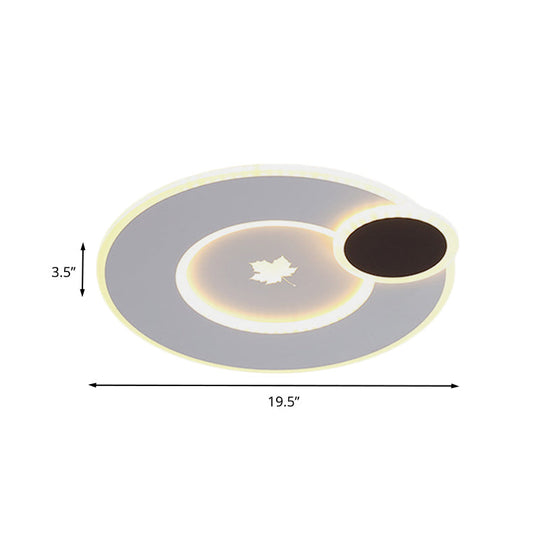 Modern Round Led Ceiling Light With Maple Leaf Pattern - 16/19.5 Wide White Flushmount For Bedrooms