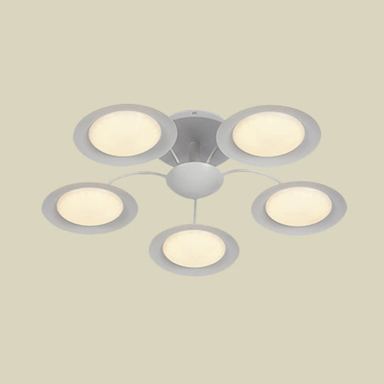 Contemporary 5-Head Radial White Led Semi Flush Mount Light With Acrylic Shade