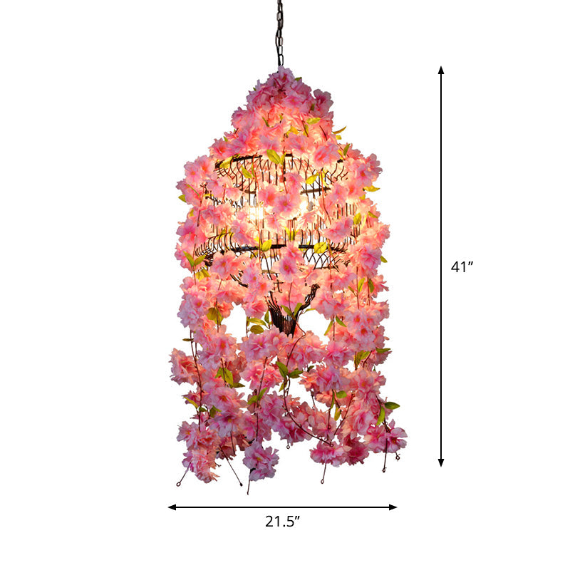 Iron Industrial Chandelier With 3 Lights And Flower Suspension In Pink - Perfect For Restaurants