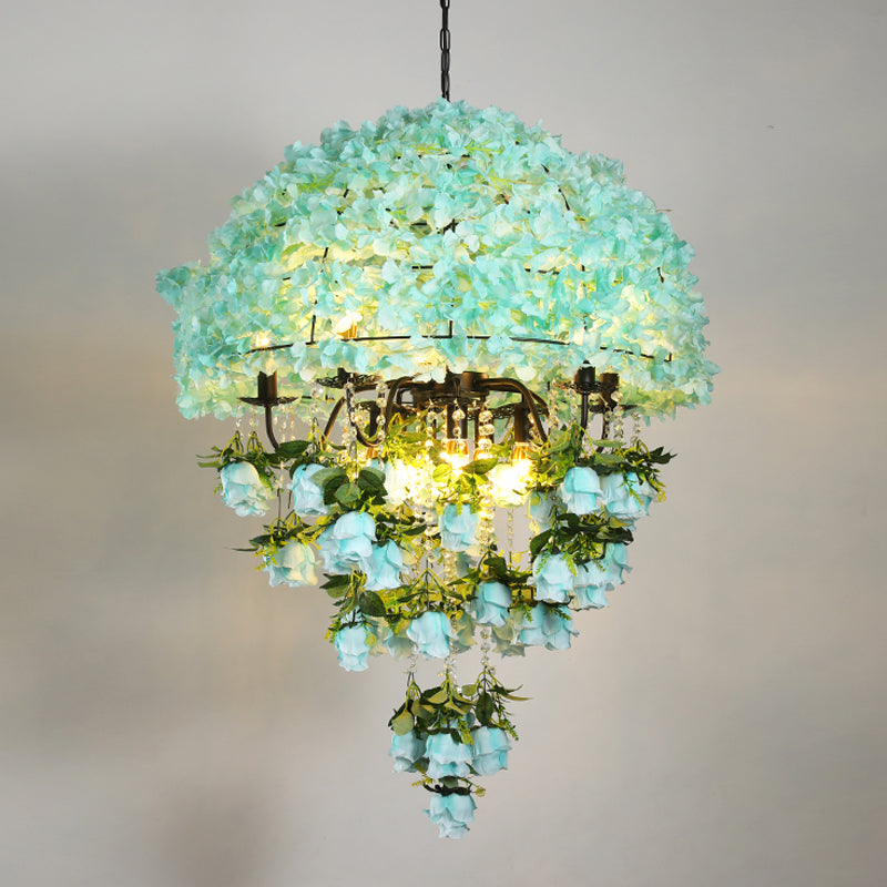 Iron Ceiling Chandelier - Industrial Blue Bowl Wire Cage Crystal Decor Floral Suspension Light 10