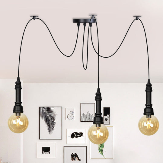 Vintage Black Finish Amber Glass Chandelier - Multi Light Pendant Lamp For Global Restaurants