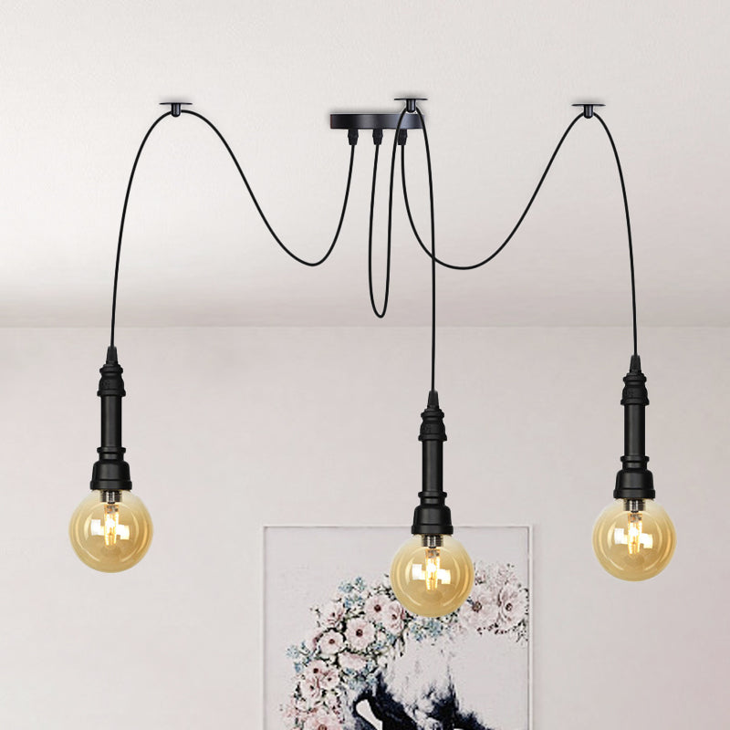 Vintage Black Finish Amber Glass Chandelier - Multi Light Pendant Lamp For Global Restaurants