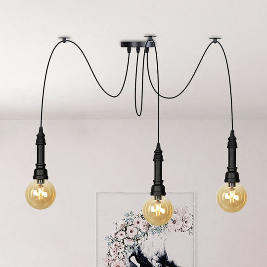 Vintage Black Finish Amber Glass Chandelier - Multi Light Pendant Lamp For Global Restaurants