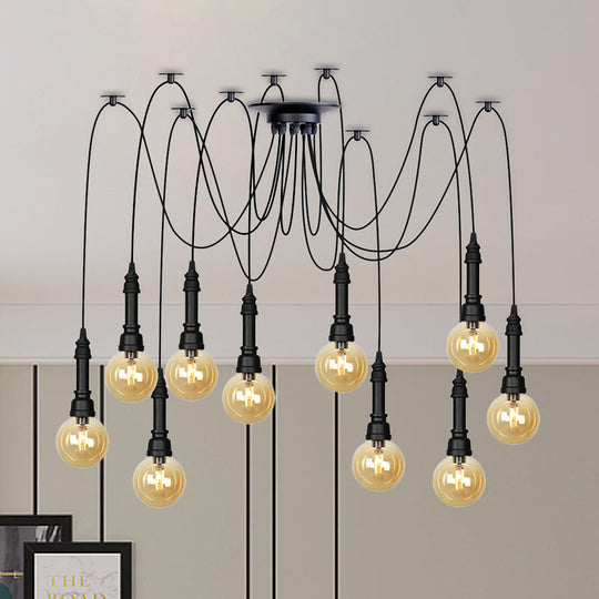 Vintage Black Finish Amber Glass Chandelier - Multi Light Pendant Lamp For Global Restaurants