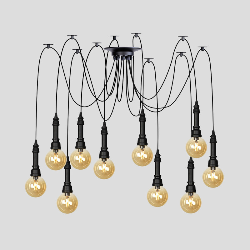 Vintage Black Finish Amber Glass Chandelier - Multi Light Pendant Lamp For Global Restaurants