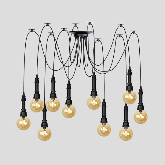 Vintage Black Finish Amber Glass Chandelier - Multi Light Pendant Lamp For Global Restaurants