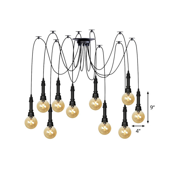 Vintage Black Finish Amber Glass Chandelier - Multi Light Pendant Lamp For Global Restaurants