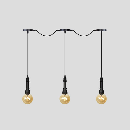 Vintage Amber Glass Ball Pendant Lamp In Black - Tandem Led Ceiling Light 3/5/7-Light Coffee House