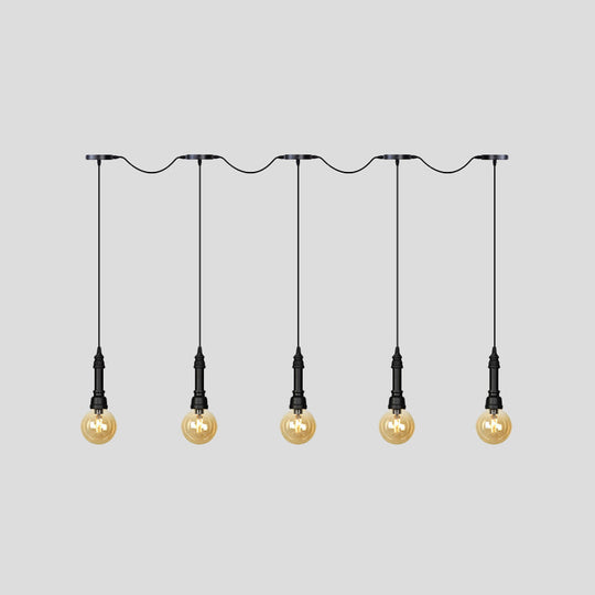 Vintage Amber Glass Ball Pendant Light - Tandem Led Ceiling Lamp In Black (3/5/7-Light)