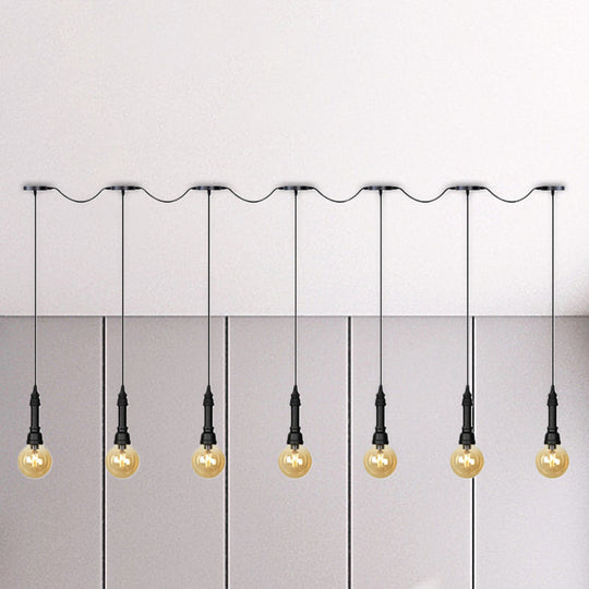 Vintage Amber Glass Ball Pendant Lamp In Black - Tandem Led Ceiling Light 3/5/7-Light Coffee House