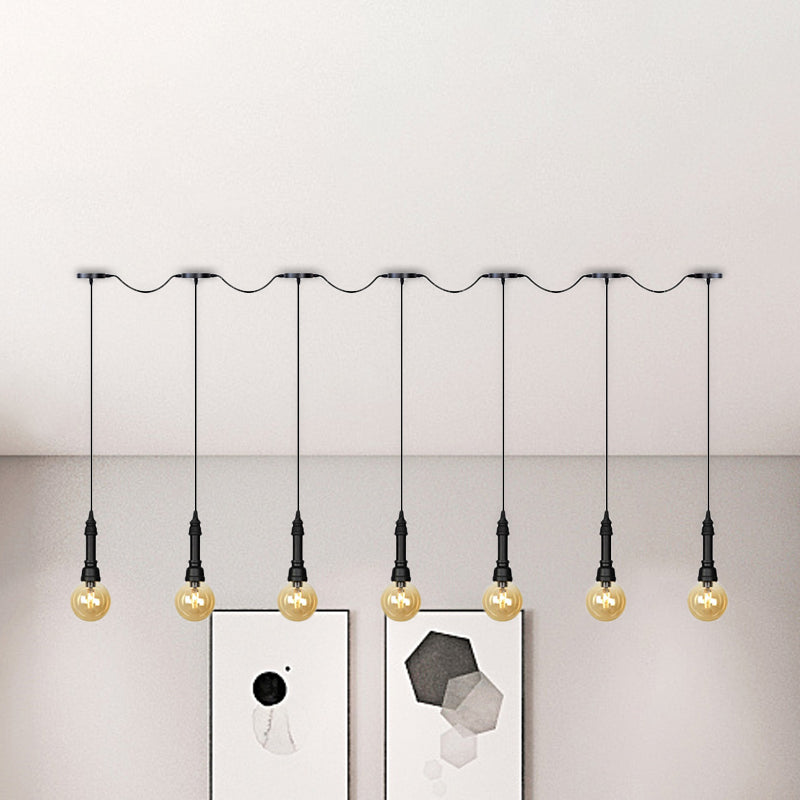 Vintage Amber Glass Ball Pendant Lamp In Black - Tandem Led Ceiling Light 3/5/7-Light Coffee House