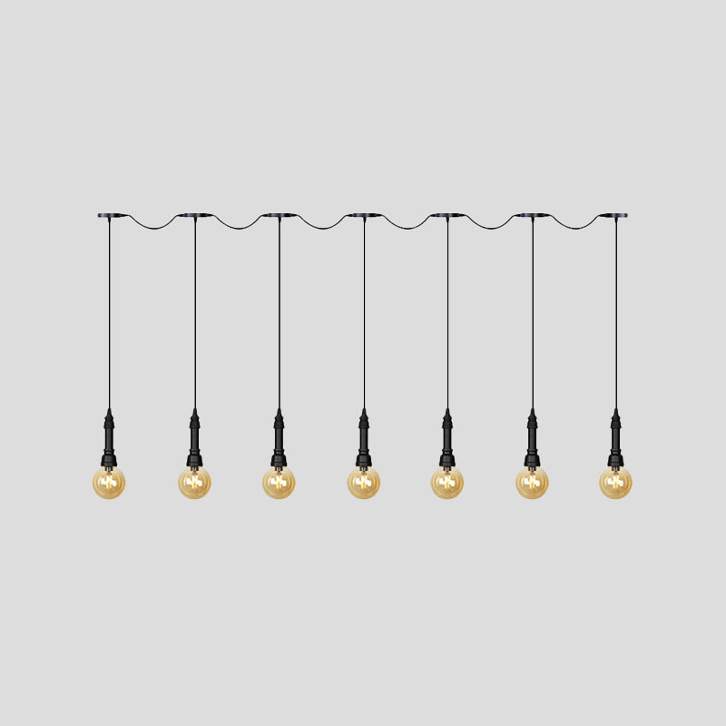 Vintage Amber Glass Ball Pendant Lamp In Black - Tandem Led Ceiling Light 3/5/7-Light Coffee House