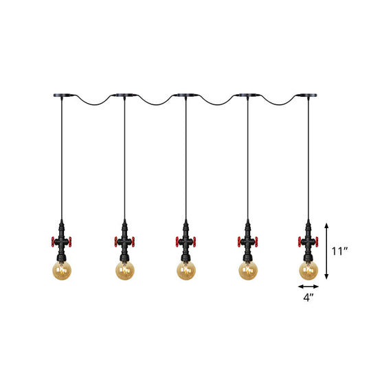 Antiqued Sphere Multi Light Chandelier With Amber Glass Pendant - Led Suspension In Black