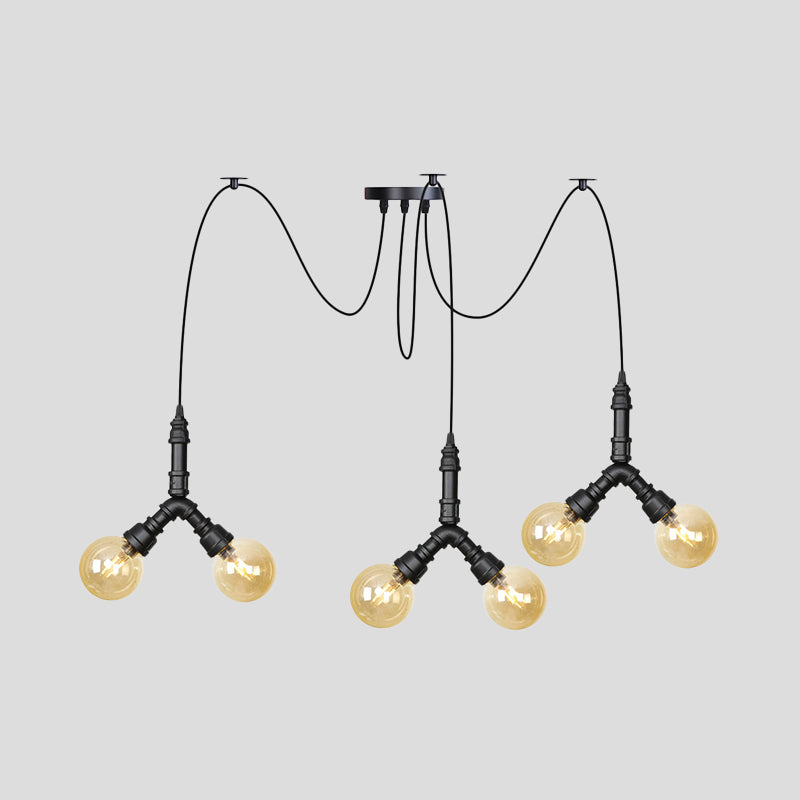 Industrial Swag Pendant Light - Amber Glass Globe Multiple Ceiling Lights Led Black Finish Perfect