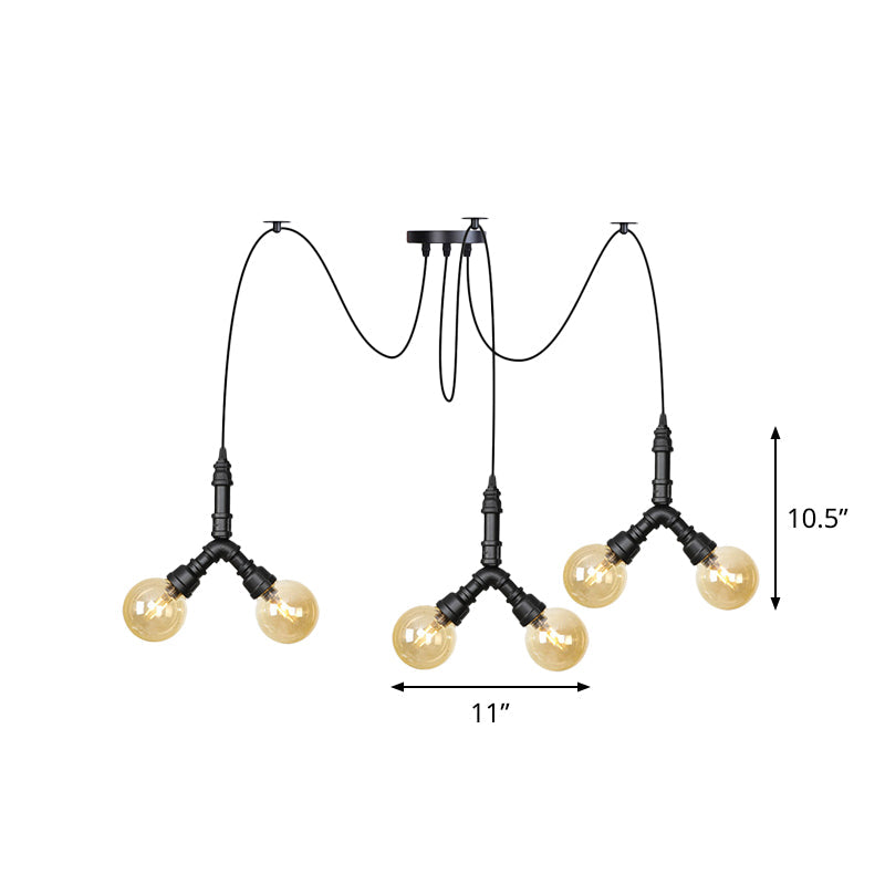 Industrial Swag Pendant Light - Amber Glass Globe Multiple Ceiling Lights Led Black Finish Perfect