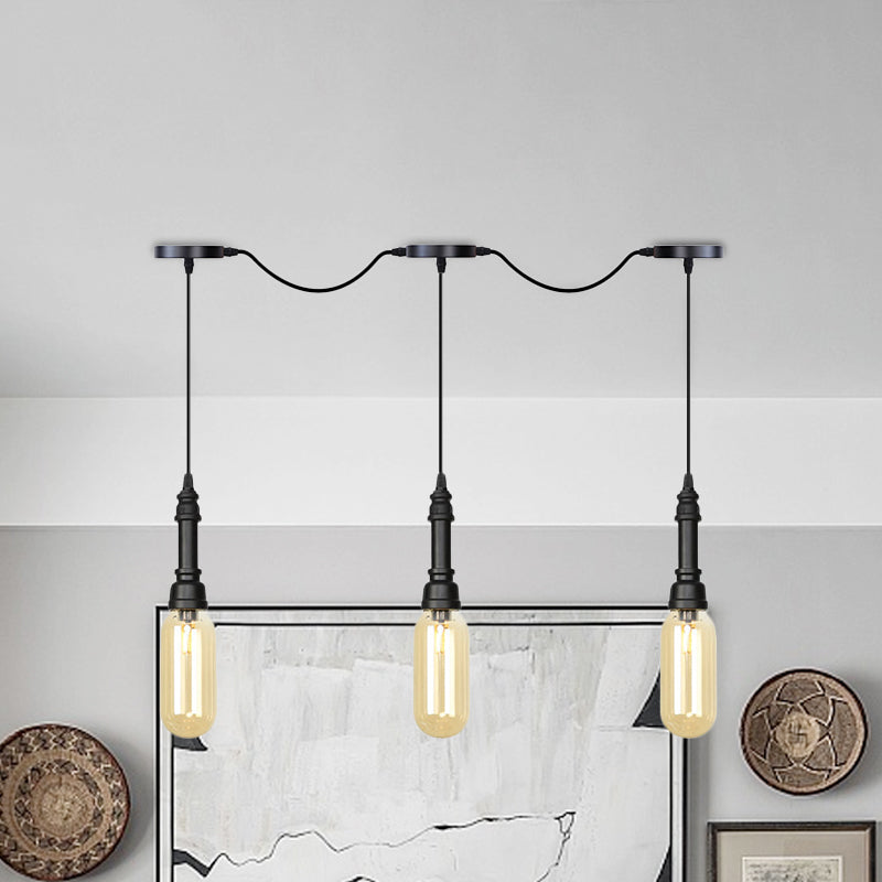 Modern Industrial Amber Glass Chandelier With Led Lights - Black Finish Tandem Hanging Ceiling Lamp