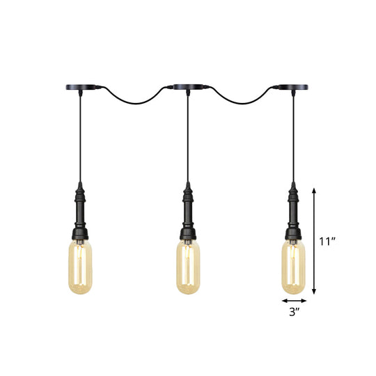 Modern Industrial Amber Glass Chandelier With Led Lights - Black Finish Tandem Hanging Ceiling Lamp