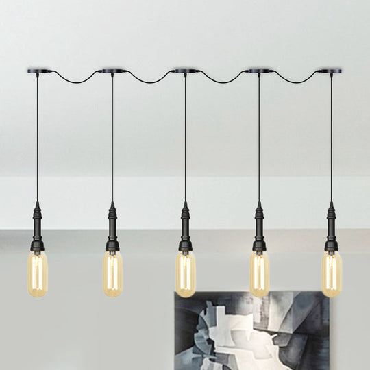 Modern Industrial Amber Glass Chandelier With Led Lights - Black Finish Tandem Hanging Ceiling Lamp