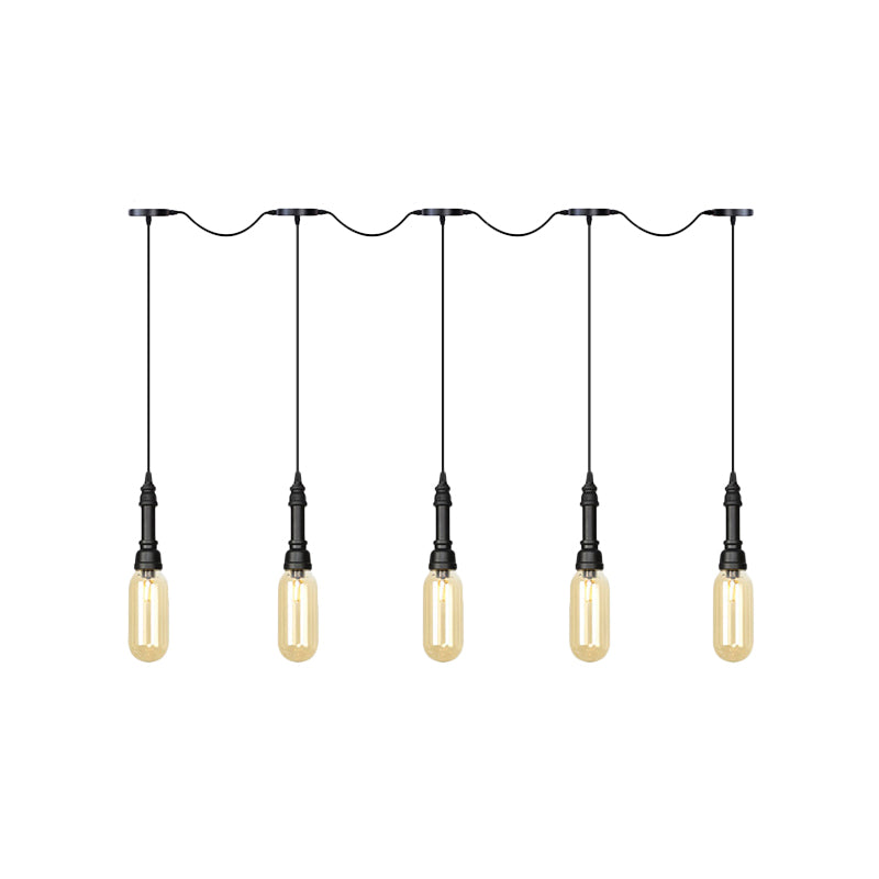 Modern Industrial Amber Glass Chandelier With Led Lights - Black Finish Tandem Hanging Ceiling Lamp