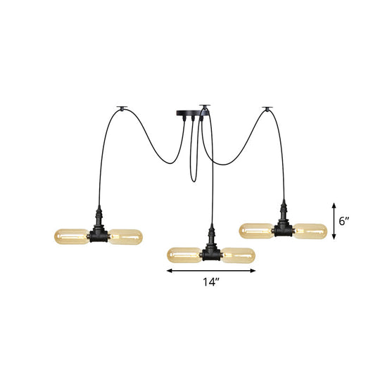 Vintage Black Capsule Led Pendant Lamp - Amber Glass 4/6/12-Bulb Restaurant Swag Multi Ceiling
