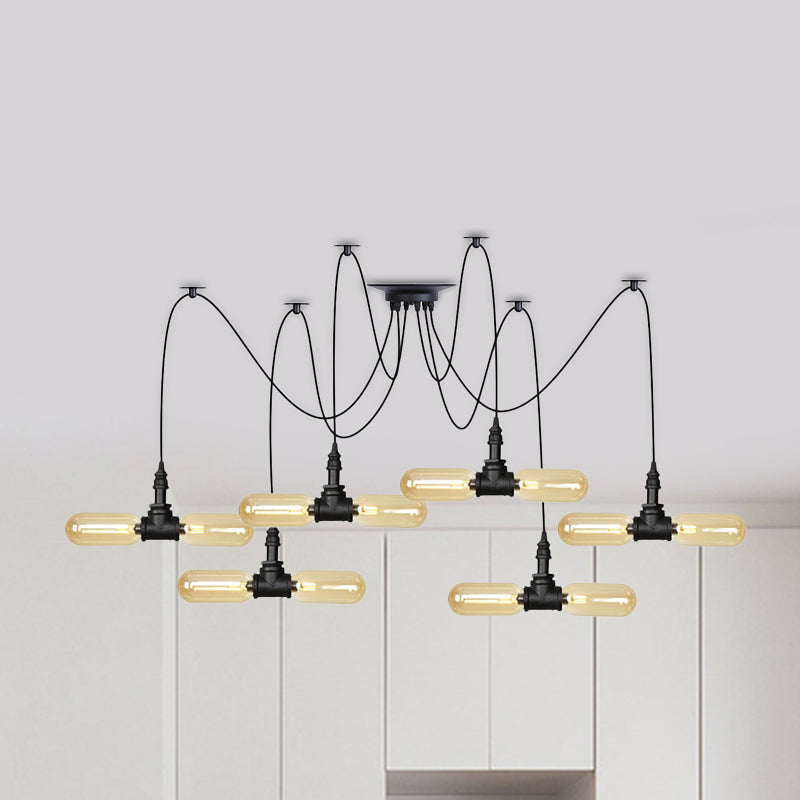 Vintage Black Capsule Led Pendant Lamp - Amber Glass 4/6/12-Bulb Restaurant Swag Multi Ceiling