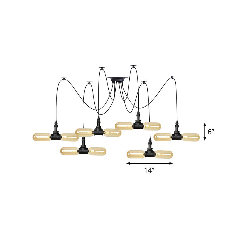 Vintage Black Capsule Led Pendant Lamp - Amber Glass 4/6/12-Bulb Restaurant Swag Multi Ceiling