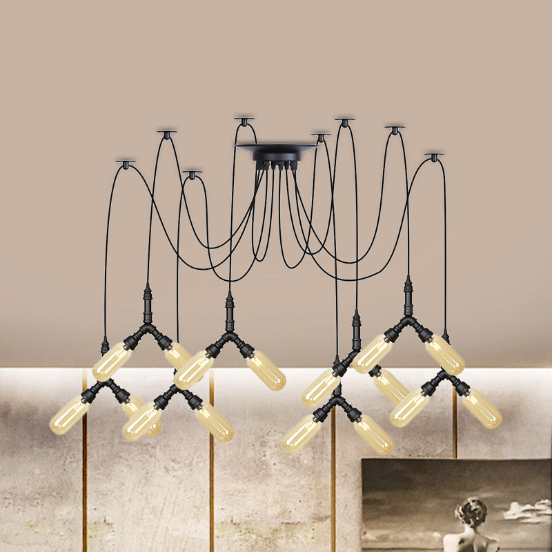 Amber Glass Swag Led Ceiling Lamp - Industrial Capsule Multi Hanging Light (4/6/12-Head) In Black