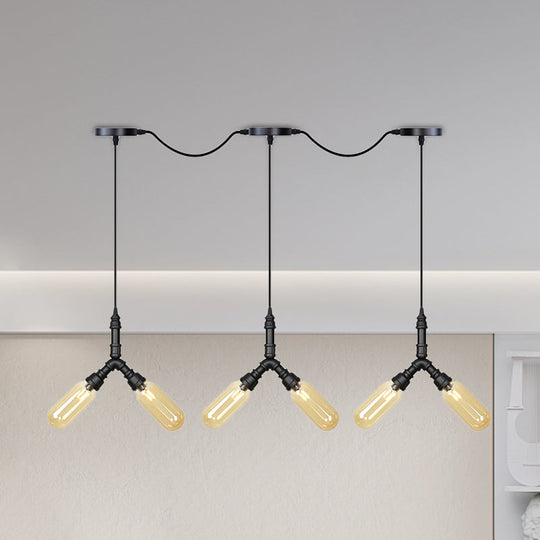 Industrial Restaurant Ceiling Light With Multi Bulbs: Tandem Pendant Lamp In Black Colored Glass