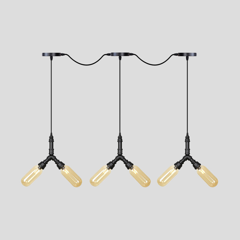 Industrial Restaurant Ceiling Light With Multi Bulbs: Tandem Pendant Lamp In Black Colored Glass