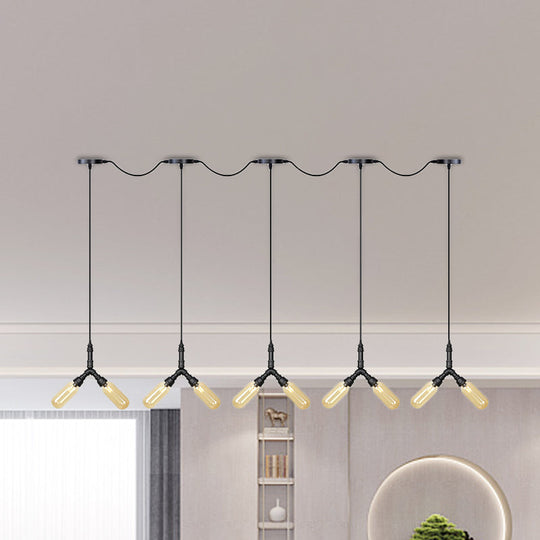 Industrial Restaurant Ceiling Light With Multi Bulbs: Tandem Pendant Lamp In Black Colored Glass