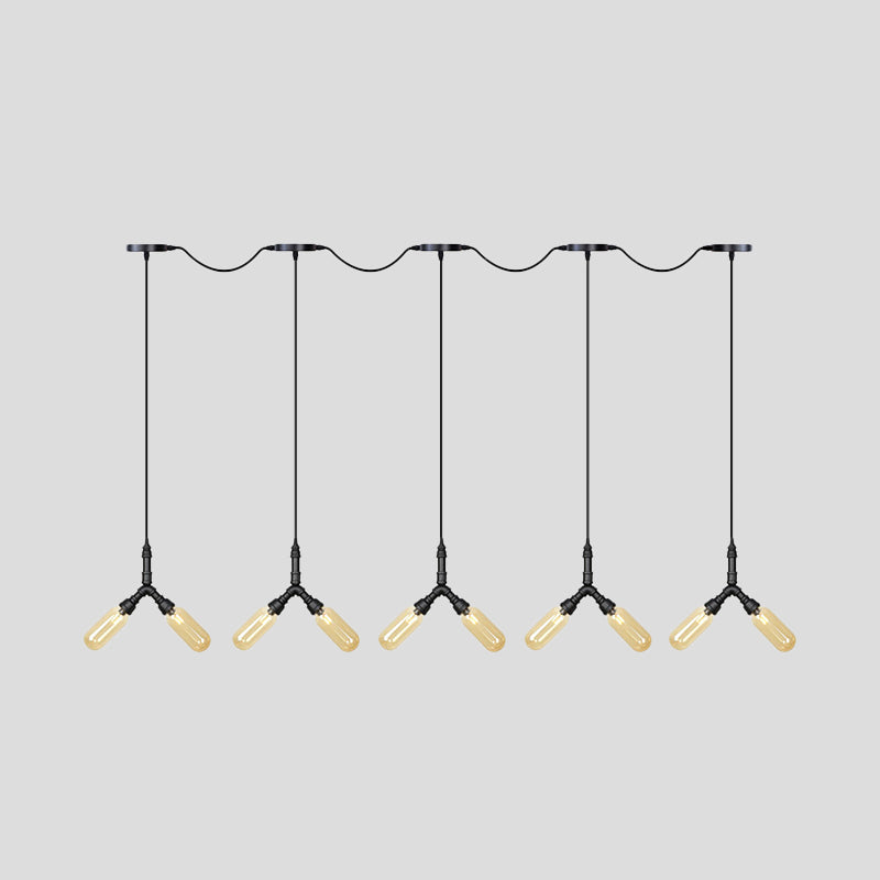 Industrial Restaurant Ceiling Light With Multi Bulbs: Tandem Pendant Lamp In Black Colored Glass