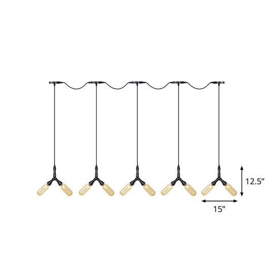 Industrial Restaurant Ceiling Light With Multi Bulbs: Tandem Pendant Lamp In Black Colored Glass