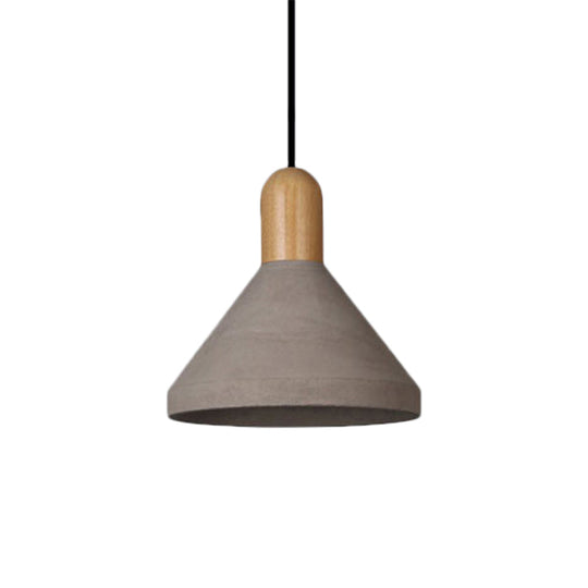 Antiqued Conical Cement Ceiling Light Restaurant Pendant Lamp In Grey With Wood Accents