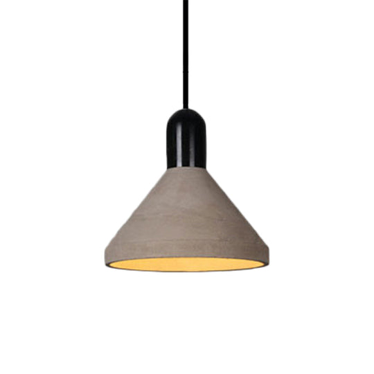 Antiqued Conical Cement Ceiling Light Restaurant Pendant Lamp In Grey With Wood Accents