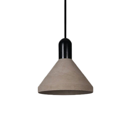 Antiqued Conical Cement Ceiling Light Restaurant Pendant Lamp In Grey With Wood Accents