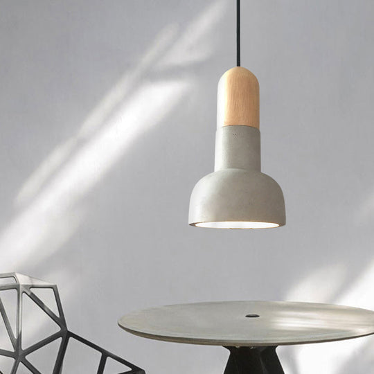 Dome Industrial Cement Pendant Light Fixture - Grey With Red/Black/Wood Accents Wood
