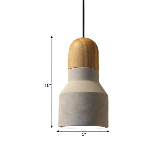 Industrial Pendant Lamp With Wood Top - Cement Grey Cone/Trapezoid/Can Shape 1-Head