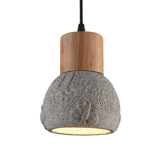 Industrial Black/Grey/Brown Head Cement Ceiling Light With Wood Dome And Butterfly Pattern- Bedroom