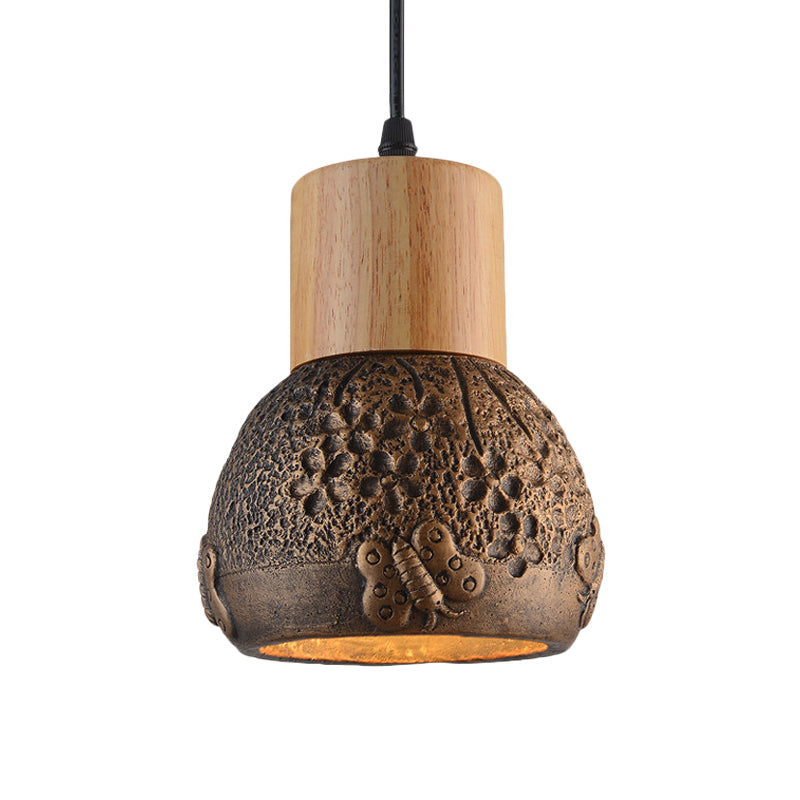 Industrial Black/Grey/Brown Head Cement Ceiling Light With Wood Dome And Butterfly Pattern- Bedroom