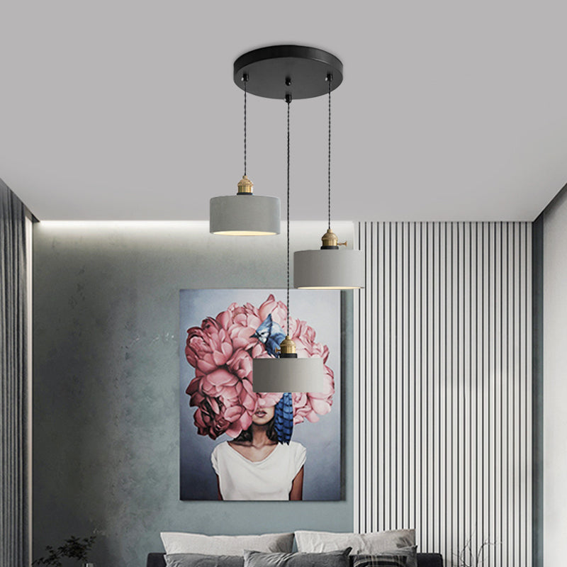 Industrial Cement Cone/Bell/Drum Pendant Lamp - 3 Heads Multi Ceiling Light Grey Various Height