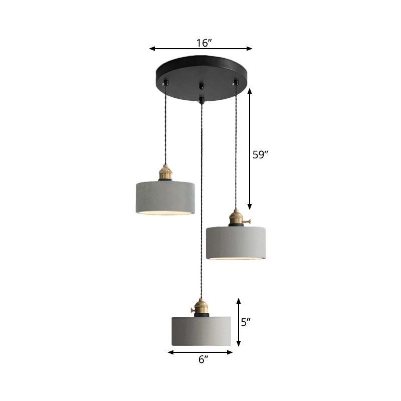 Industrial Cement Cone/Bell/Drum Pendant Lamp - 3 Heads Multi Ceiling Light Grey Various Height