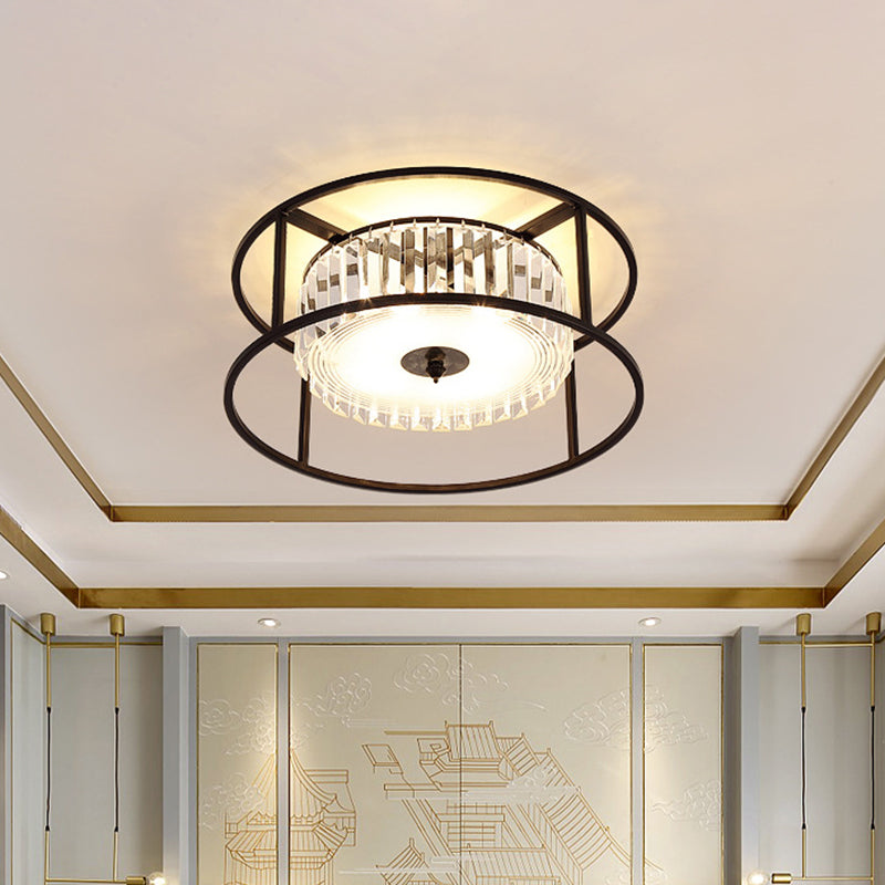 Modern Crystal Flush Light Fixture With Black Metal Frame - 5-Head Living Room Mount Lamp / Round