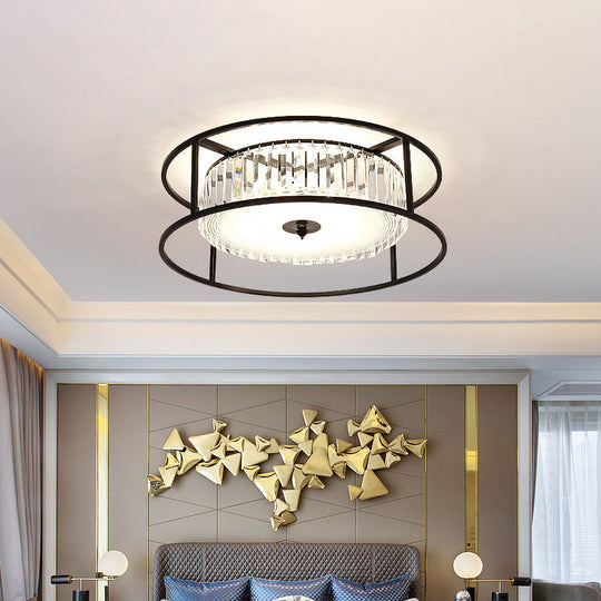 Modern Crystal Flush Light Fixture With Black Metal Frame - 5 - Head Living Room Mount Lamp