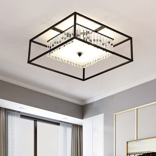 Modern Crystal Flush Light Fixture With Black Metal Frame - 5 - Head Living Room Mount Lamp / Square