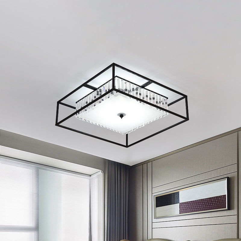 Modern Crystal Flush Light Fixture With Black Metal Frame - 5-Head Living Room Mount Lamp