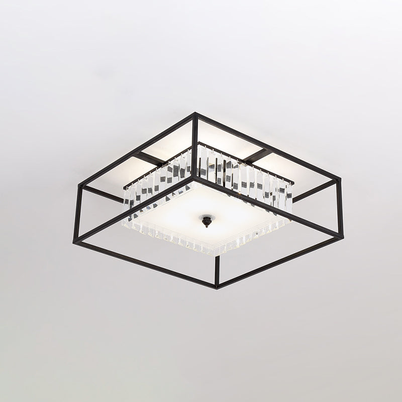 Modern Crystal Flush Light Fixture With Black Metal Frame - 5 - Head Living Room Mount Lamp