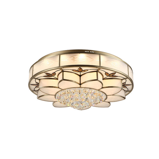 Contemporary Blossom Flushmount Lighting With Crystal Drop - 7 - Light Frosted Glass Ceiling Flush