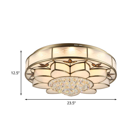 Contemporary Blossom Flushmount Lighting With Crystal Drop - 7-Light Frosted Glass Ceiling Flush