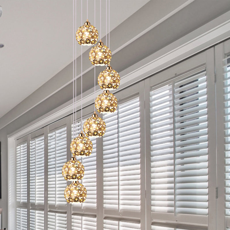 Modernist Silver Ceiling Light With Amber Crystal Accent 5/8 Heads Multi Hanging Lamp Kit